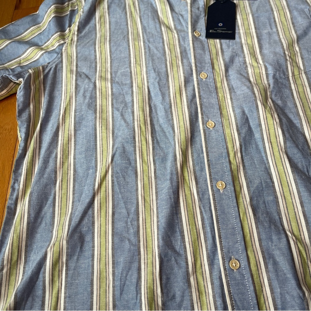 Ben Sherman Blue Green Striped Short Sleeve Button Down Shirt XL Stretch NWT - Picture 2 of 10